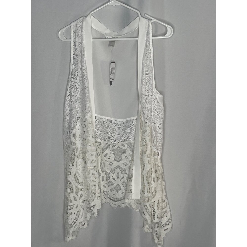 Christopher & Banks Womens Sleeveless Lace Flowing Overlay Open Front Vest White